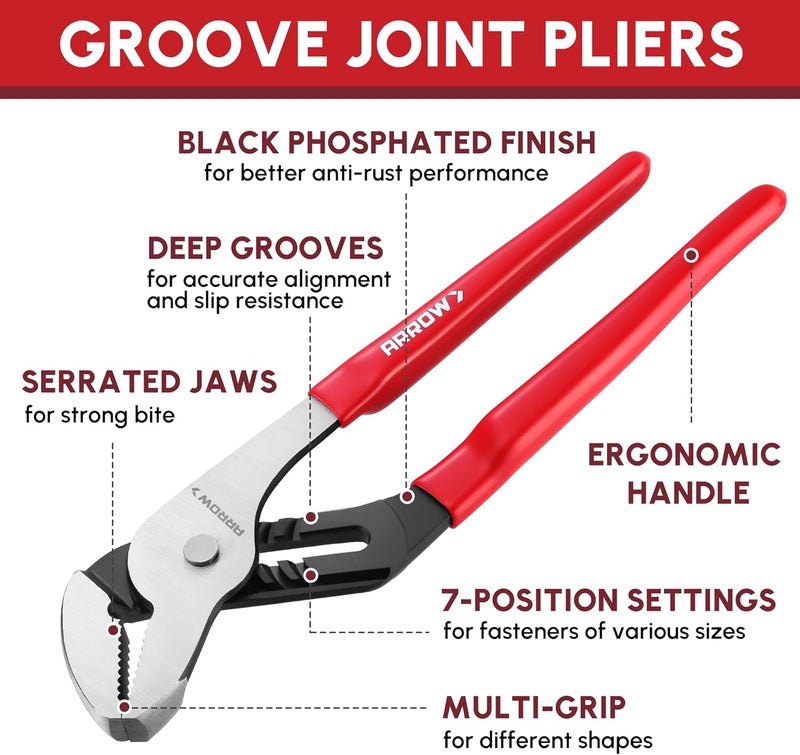 Arrow Fastener ARROW Groove Joint Pliers, 10" Adjustable Water Pump Pliers with 7 Jaw Positions, Serrated Jaws and Comfort Dip-grip Handle, Ideal for Plumbing Repair and Home Maintenance - Image 2